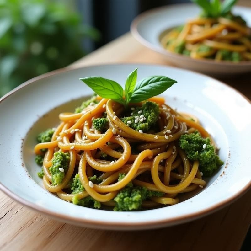 Fideos de Lenteja con Pesto de Brócoli y Ajonjolí: Receta Keto en Thermomix Alta en Proteína