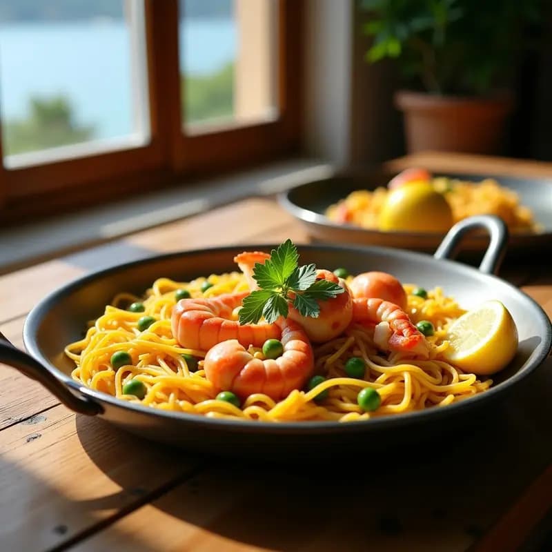 Fideuá de bogavante y guisantes: Arroz de mar sin gluten con fideos finos