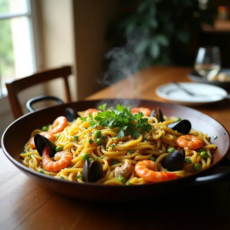 Fideuá de Mariscos y Habas: Arroz de la Costa Mediterránea con Toque Primaveral