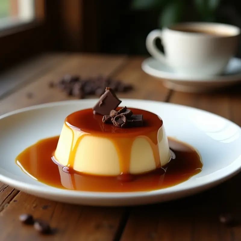 Flan de Café con Caramelo Líquido y Virutas de Chocolate: Postre de Café Innovador