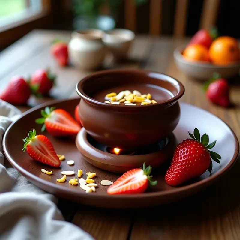Fondue de Chocolate Negro y Fresas: Postre Suizo Vegano con Trozos de Naranja Confitada