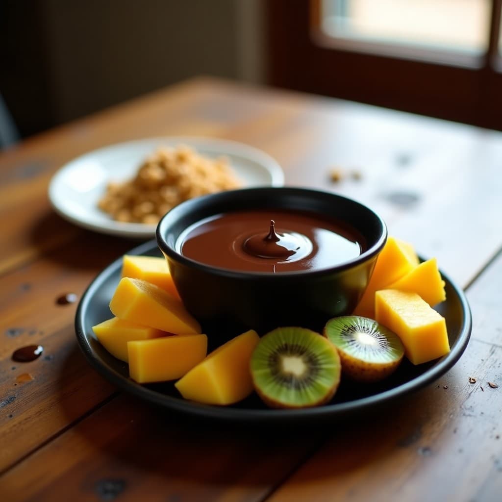 Fondue de Chocolate 70% con Frutas Tropicales y Crujiente de Quinoa: Postre Sin Azúcar Añadido