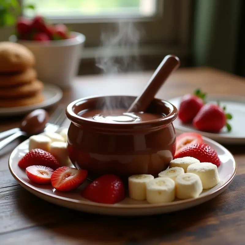 Fondue de Chocolate con Frutas Malvaviscos y Galleta: Postre para Fiesta