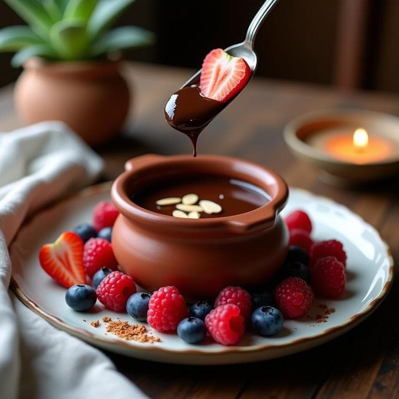 Fondue de Chocolate Negro y Aceite de Oliva: Postre Español Keto con Frutos Rojos