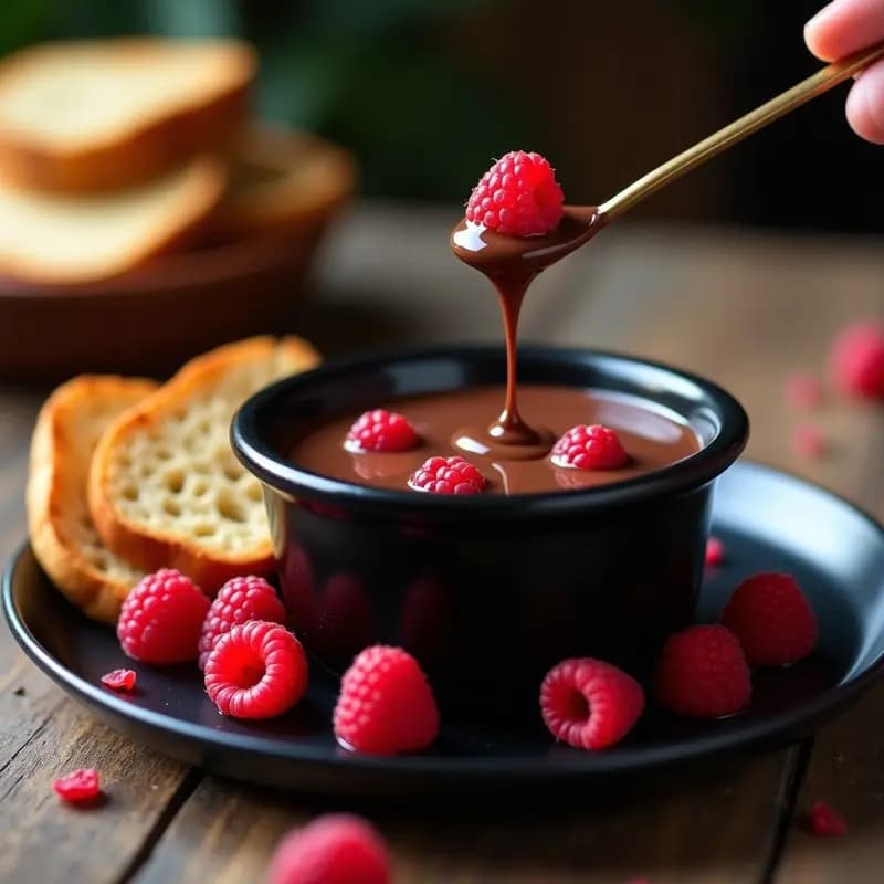 Fondue de Chocolate Negro y Frambuesas con Pan de Espelta: Postre Suizo Sin Lactosa