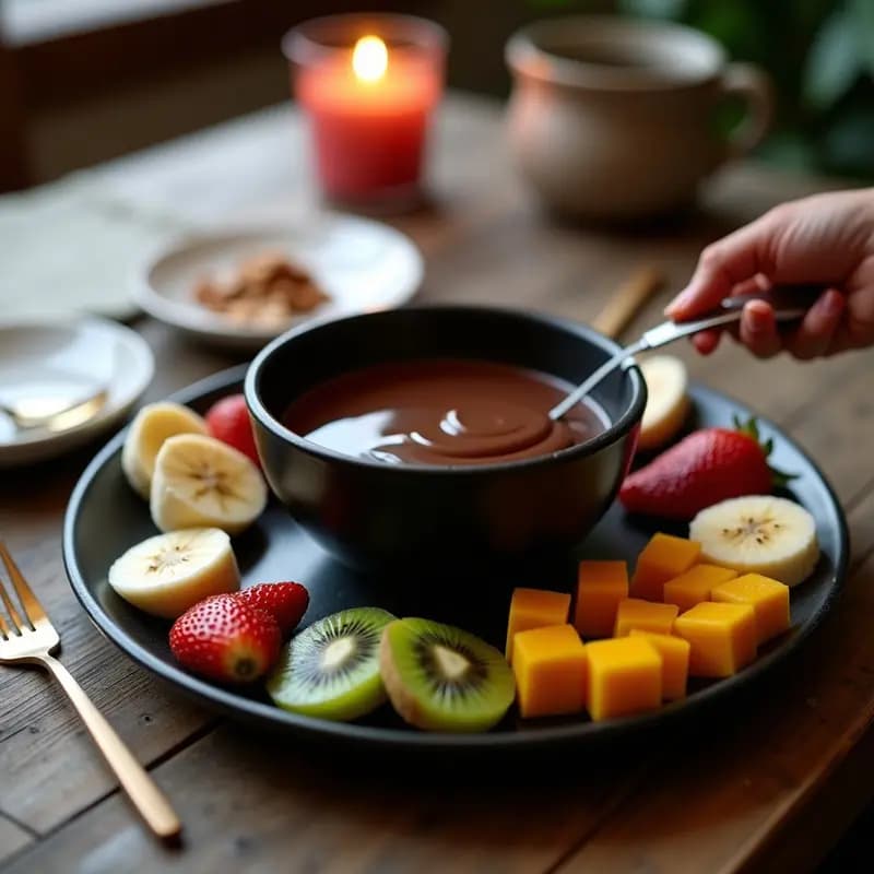 Fondue de Chocolate Negro y Frutas con Toque de Pimienta Rosa: Postre Suizo Sin Lácteos