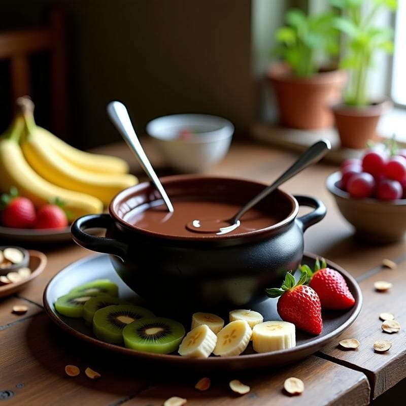 Fondue de Chocolate Negro con Frutas y Queso Vegano: Postre Sin Lactosa para Compartir