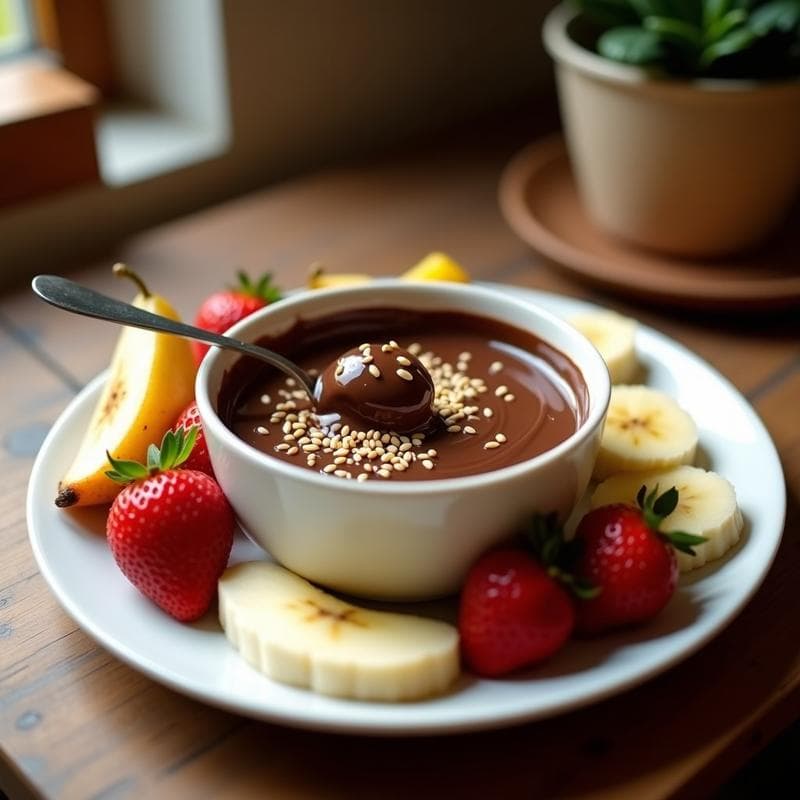 Fondue de Chocolate y Tahini con Frutas de Temporada: Postre Vegano Sin Lácteos