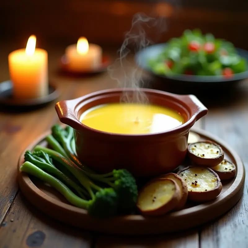 Gruyère Fondue con Rapini y Champiñones: Receta Suiza Baja en Carbohidratos y Keto