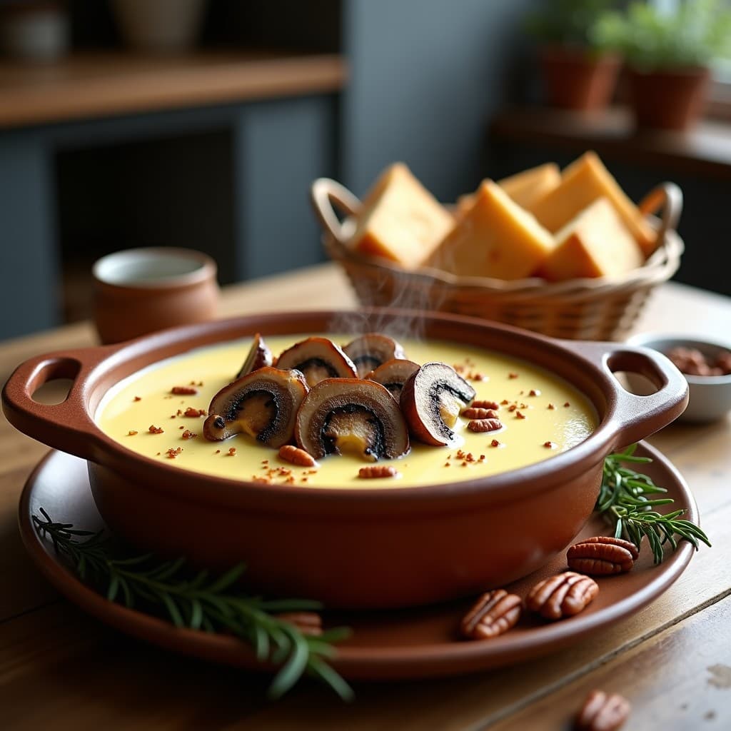 Fondue de Queso Azul con Champiñones y Pan de Centeno: Receta Suiza Keto y Sin Azúcar
