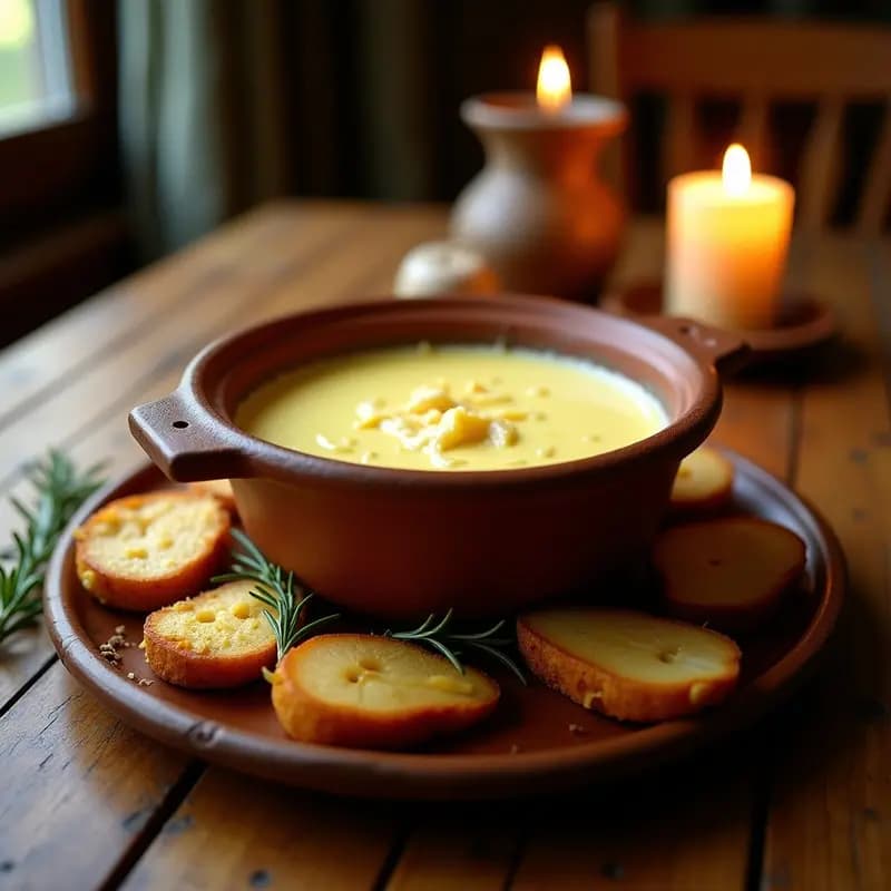Fondue de Queso Azul con Pan de Maíz y Peras al Vino: Receta Francesa para Compartir
