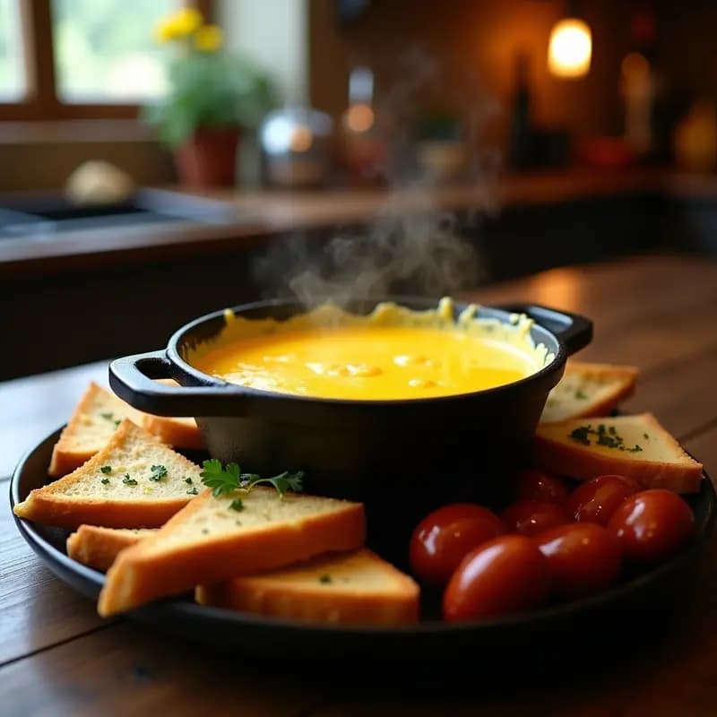 Fondue de Queso Cheddar y Gouda con Pan de Ajo y Salchichas: Receta para una Noche de Indulgencia