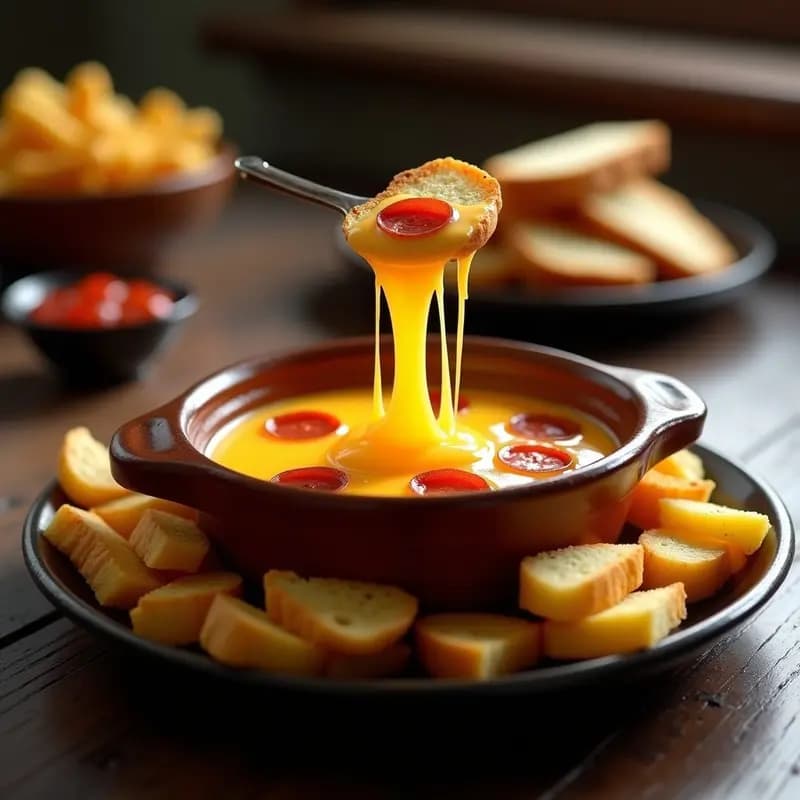 Fondue de Queso Cheddar y Pepperoni con Pan y Patatas Fritas: Receta para Compartir sin Moderación