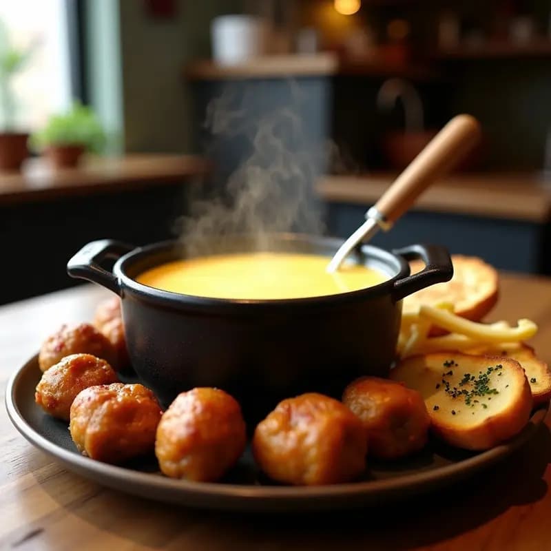Fondue de Queso con Pan de Ajo, Albóndigas de Carne y Patatas Fritas: Baño de Queso para Moja todo