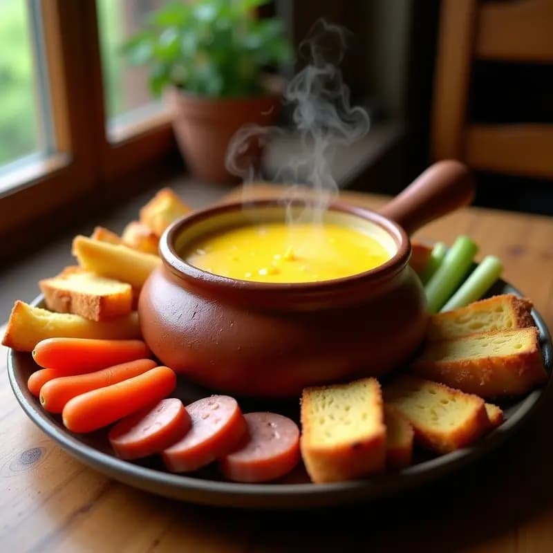 Fondue de Queso con Pan, Salchichas y Vegetales para Mojar: Receta Suiza para Reuniones