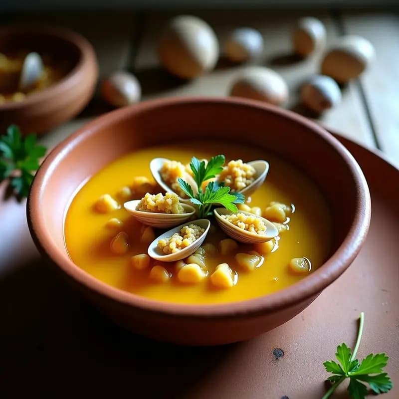 Fregola con Almejas y Azafrán: Sopa Sarda de Pasta Tostada y Mariscos