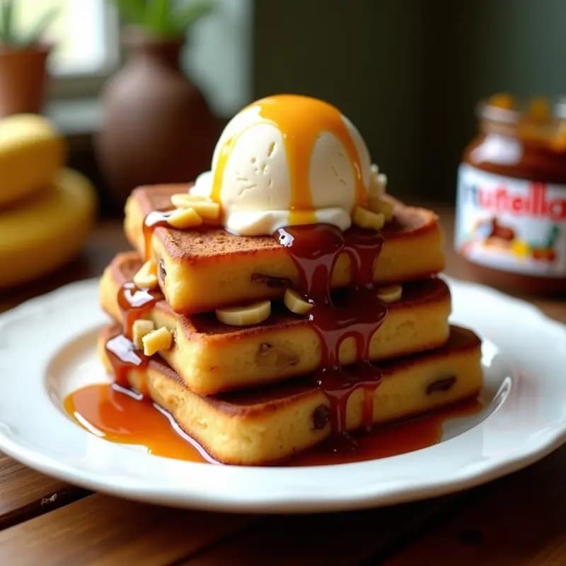 French Toast Relleno de Nutella y Plátano con Helado de Vainilla y Salsa de Caramelo Salado