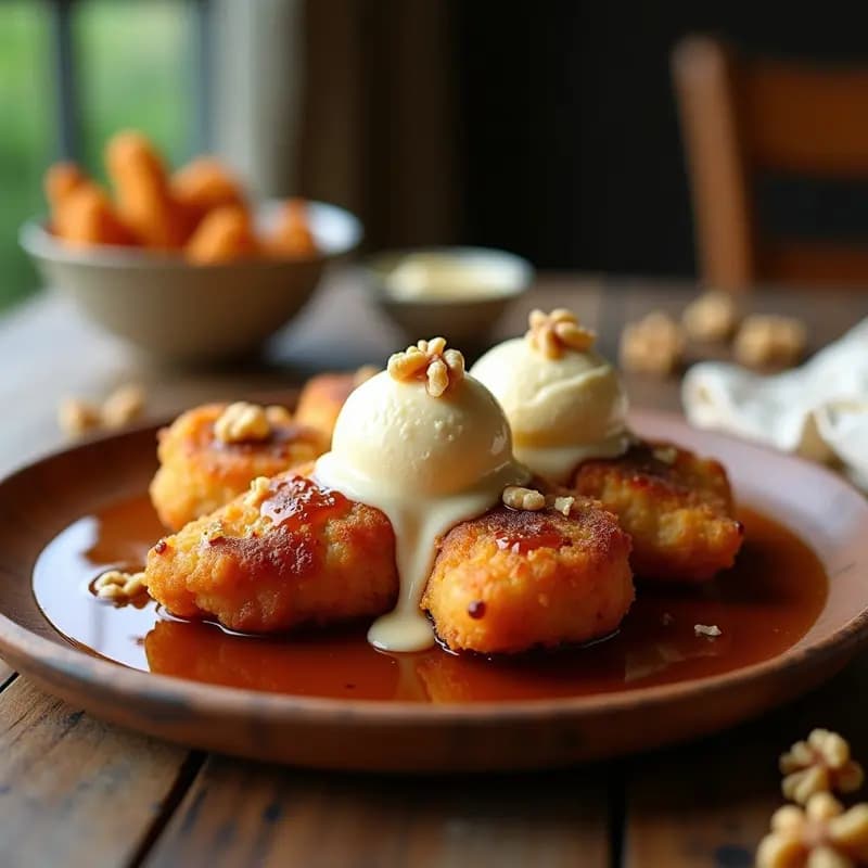 Fritos de Pollo con Cobertura de Miel y Ajo Negro con Helado de Vainilla: El Contrastante Perfecto