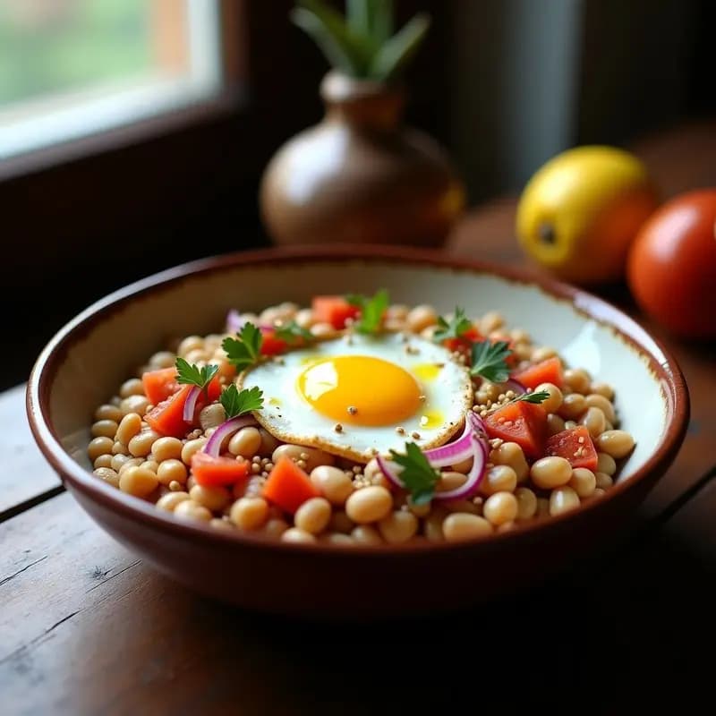 Ful Medames Egipcio con Huevo Poché y Aceite de Comino: Desayuno Proteico