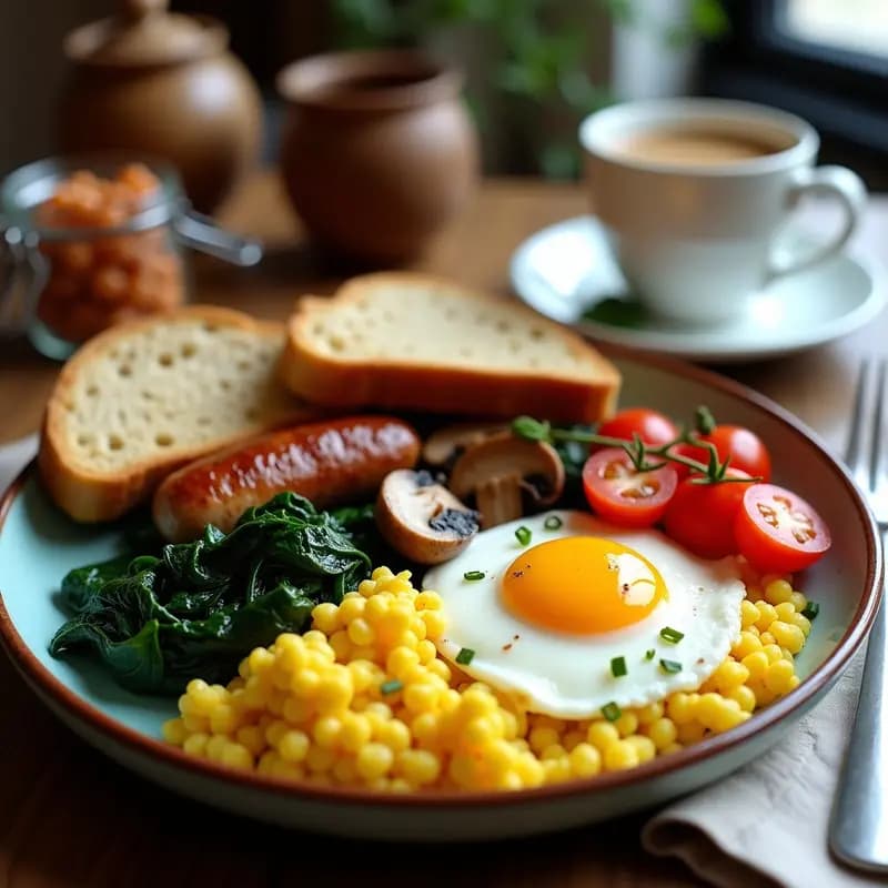 Full English Breakfast Vegano: Desayuno Inglés con Salchichas de Sincelejo y Champiñones