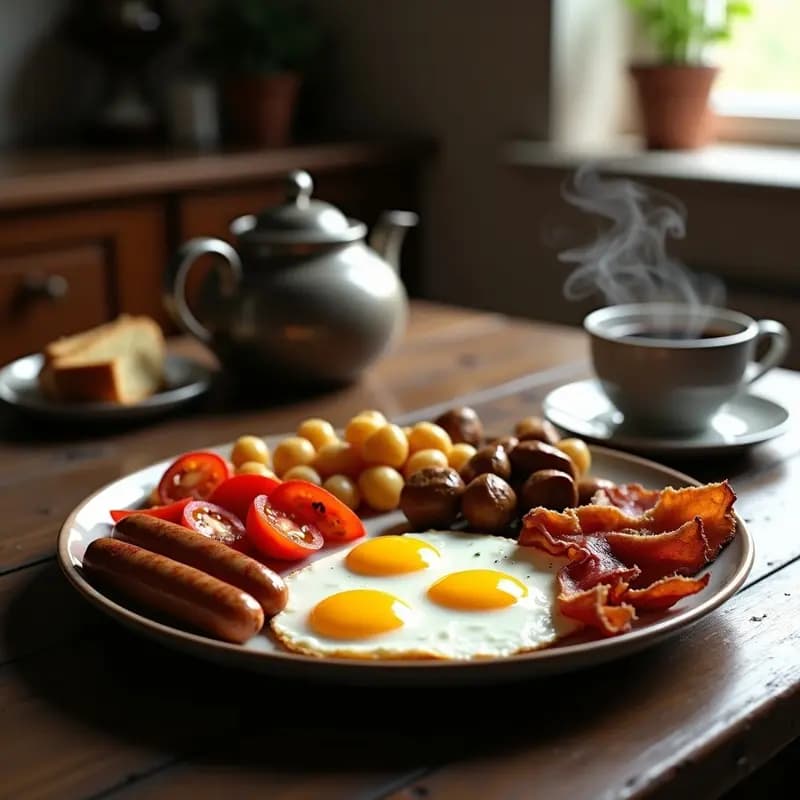 Full English Breakfast: Desayuno Tradicional Británico con Huevos y Salchichas