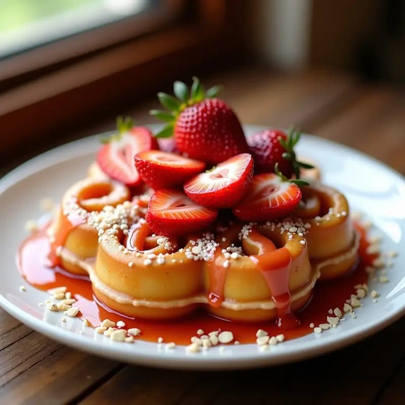 Funnel Cake con Glaseado de Vainilla y Toppings de Fresas en Sirope: Postre de Feria en Casa