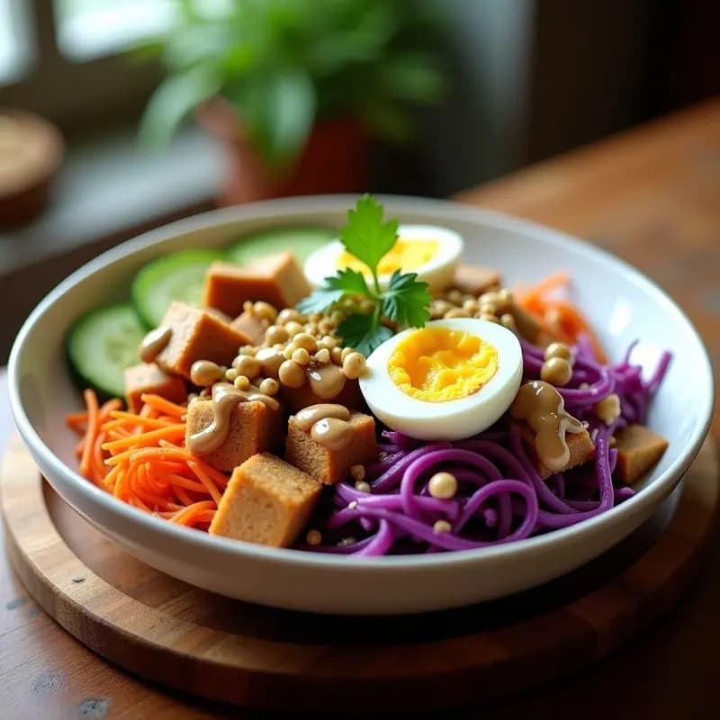 Gado Gado con Tempeh y Huevos de Codorniz: Ensalada Indonecia Vegana con Salsa de Cacahuete