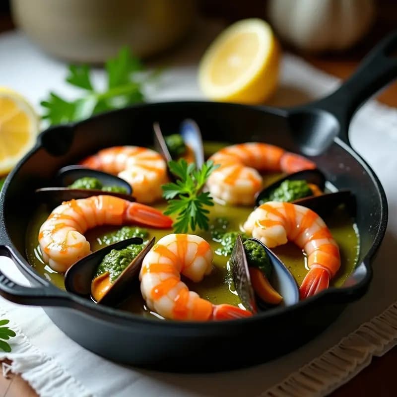 Galatoire de Mariscos con Salsa de Ajo y Perejil: Receta Francesa Elegante y Baja en Calorías