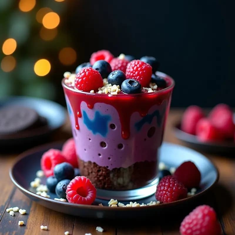 Galaxia de Chocolate: Postre en Capas con Galleta Oreo, Mousse y Frutos Rojos