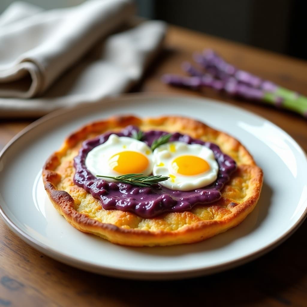 Gallette de Sarrasin con Crema de Espárragos Morados y Huevos pochés: Desayuno Francés Sin Gluten