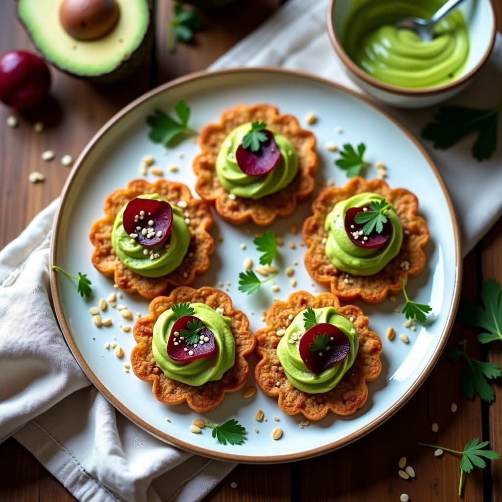 Galettes de Avena y Remolacha con Crema de Aguacate: Entrante Francés Vegano Sin Harina
