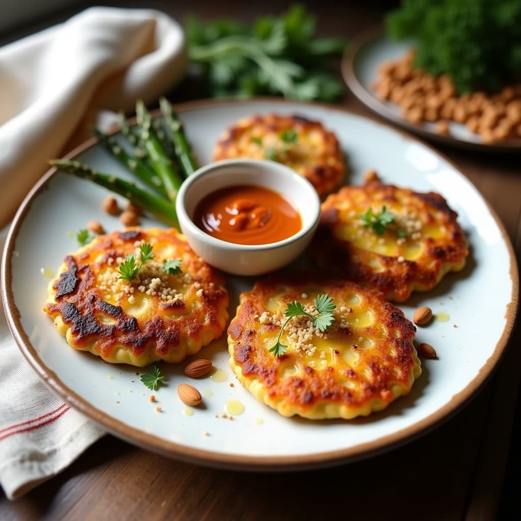 Galettes de Garbanzo y Espárragos Trinidad con Romesco de Almendras: Receta Española Sin Gluten en Airfryer