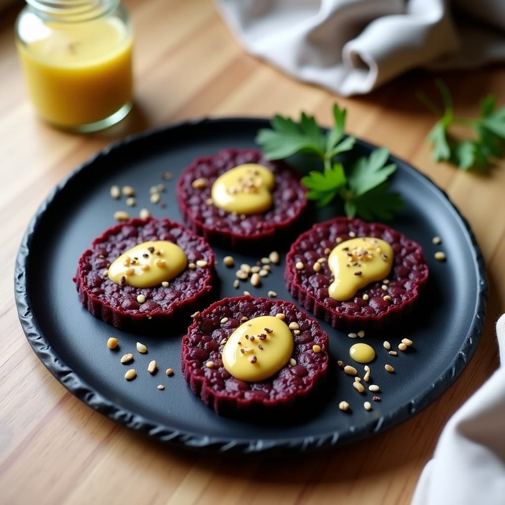 Galettes de Lentejas Beluga y Remolacha: Receta Francesa Crudivegana con Vinagreta de Mostaza