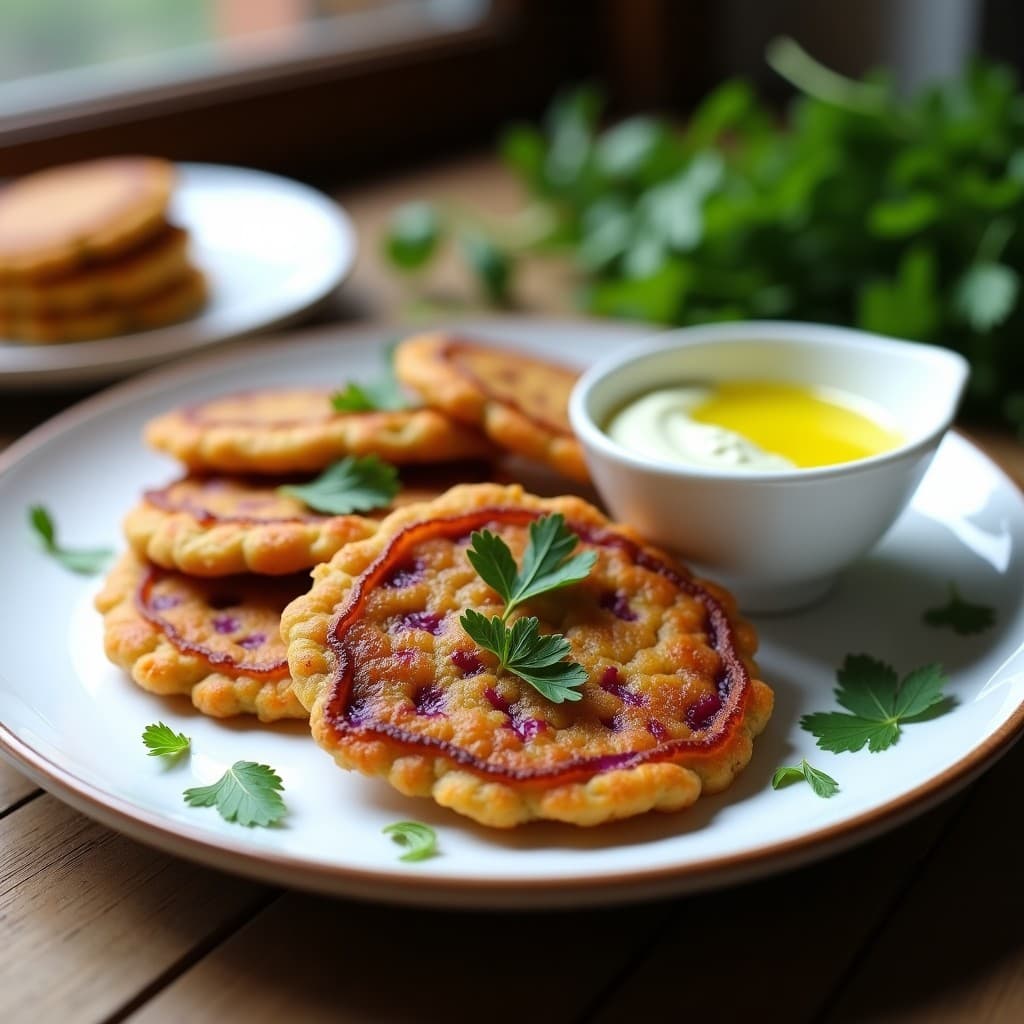 Galettes de Sarrín y Zanahoria Morada con Alioli de Ajo Negro: Entrante Francés Sin Gluten