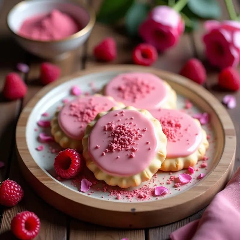 Galletas de Harina de Almendra y Polvo de Rosa con Glaseado de Frambuesa: Postre Floral y Elegante