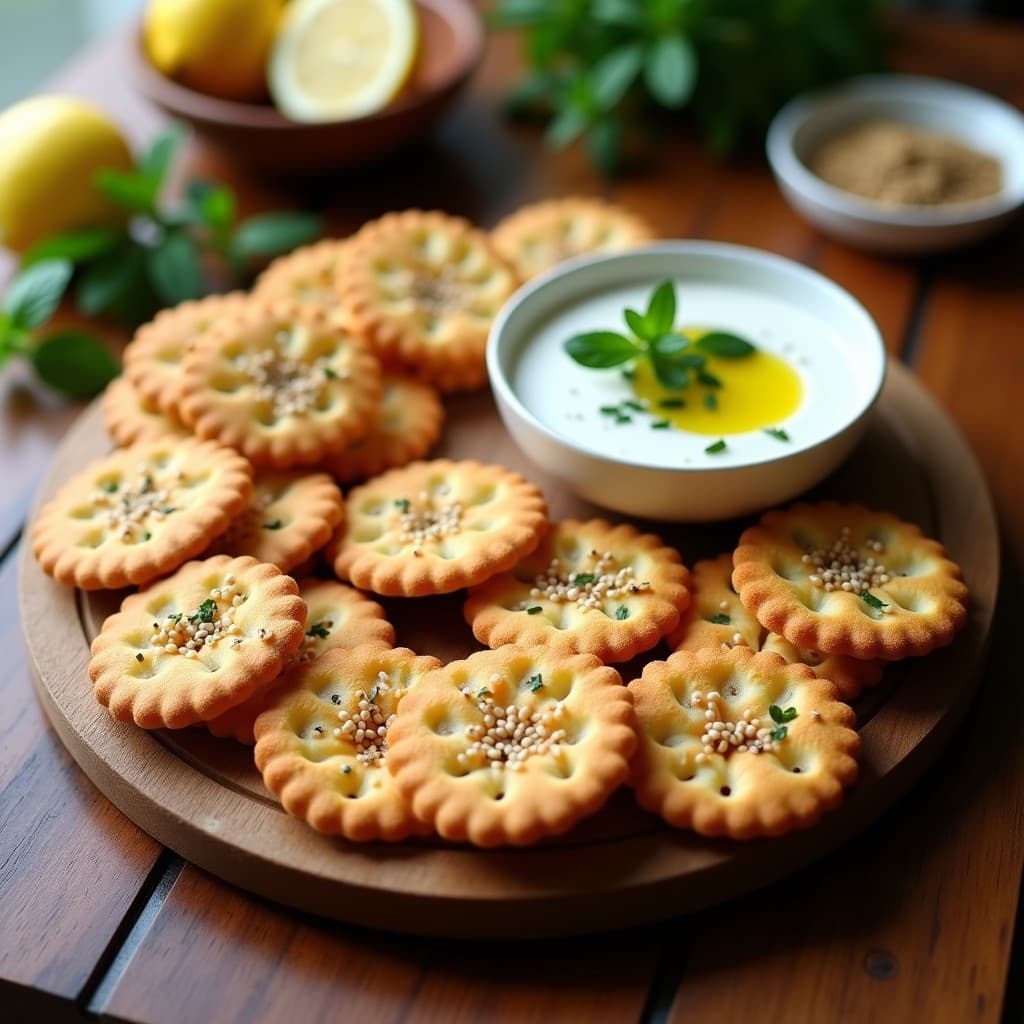 Galletas de Harina de Garbanzo y Zaatar con Dip de Yogur de Soja: Aperitivo Libanés Vegano