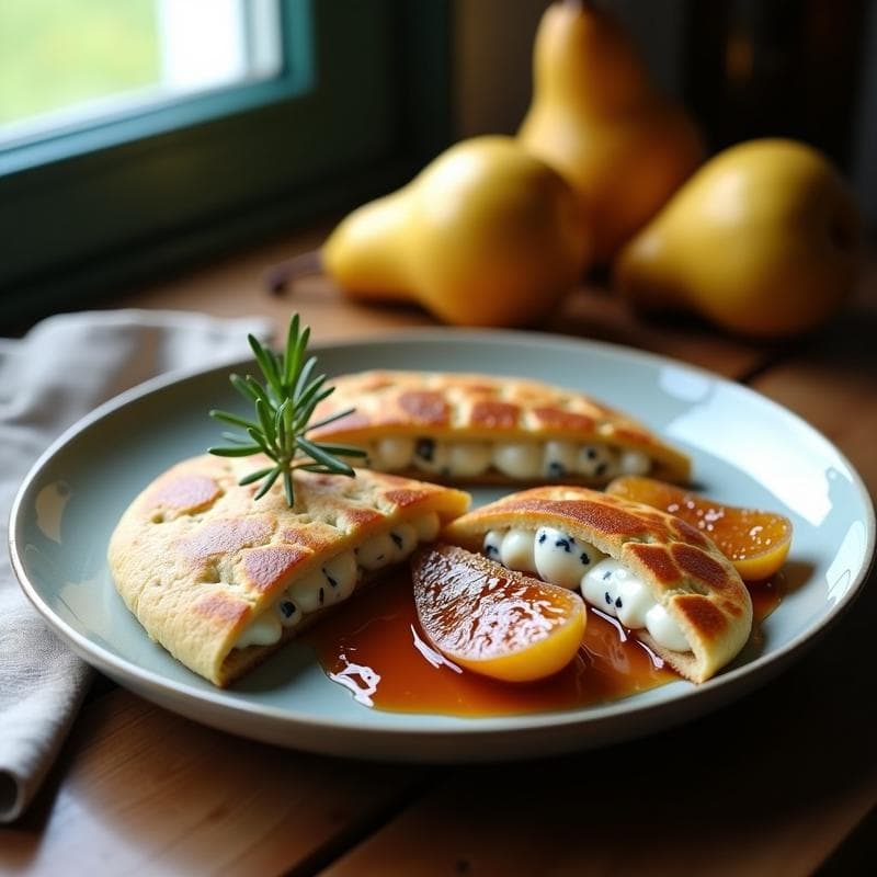 Galloces de Espelta con Crema de Queso Azul y Peras al Vino: Receta Española Vintage en Thermomix