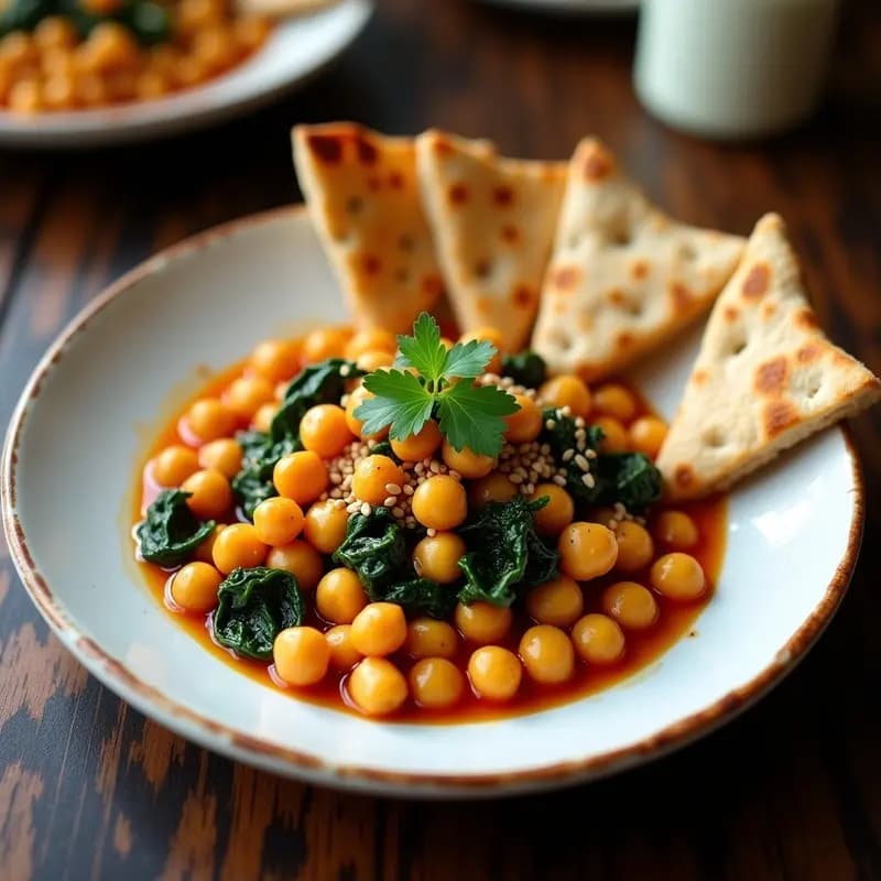 Proteínas de Garbanzo al Ajillo con Espinacas y Pan de Pita: Tapa Española Vegana y Alta en Hierro