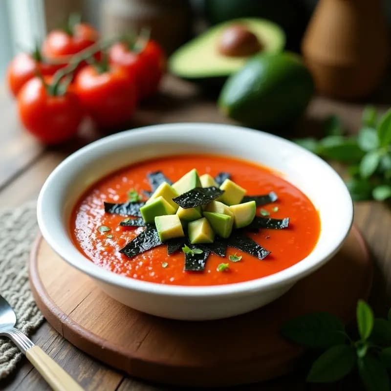 Gaspacho Andaluz con Aguacate y Algas: Receta Fría, Rápida y Nutritiva en 15 Minutos