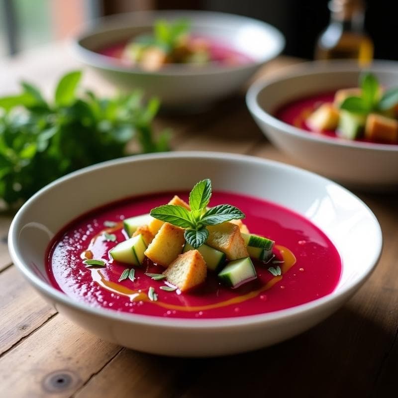 Gaspacho Andaluz de Remolacha con Crujiente de Pan: Receta Fresca y Sin Cocción en 15 Minutos