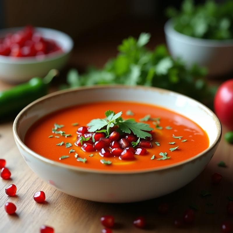 Gazpacho Picante con Granada y Cilantro: Receta Fresca y Antigua en 15 Minutos