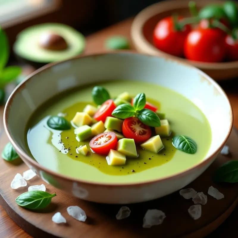 Gazpacho Andaluz con Aguacate y Vinagreta de Albahaca: Receta Española Fría y Sin Lácteos