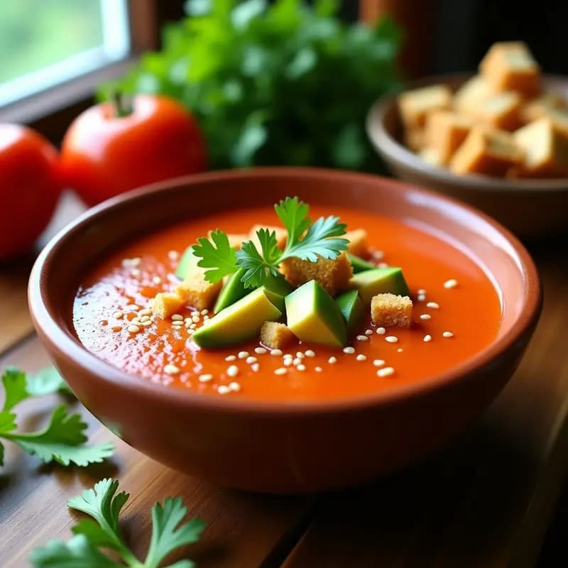 Gazpacho Andaluz con Aguacate y Crutones de Centeno: Bebida Española Fría y Saciante