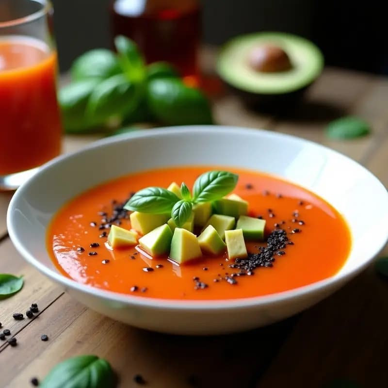 Gazpacho Andaluz con Aguacate y Vinagre de Jerez: Receta Fría Sin Gluten y Sin Lácteos