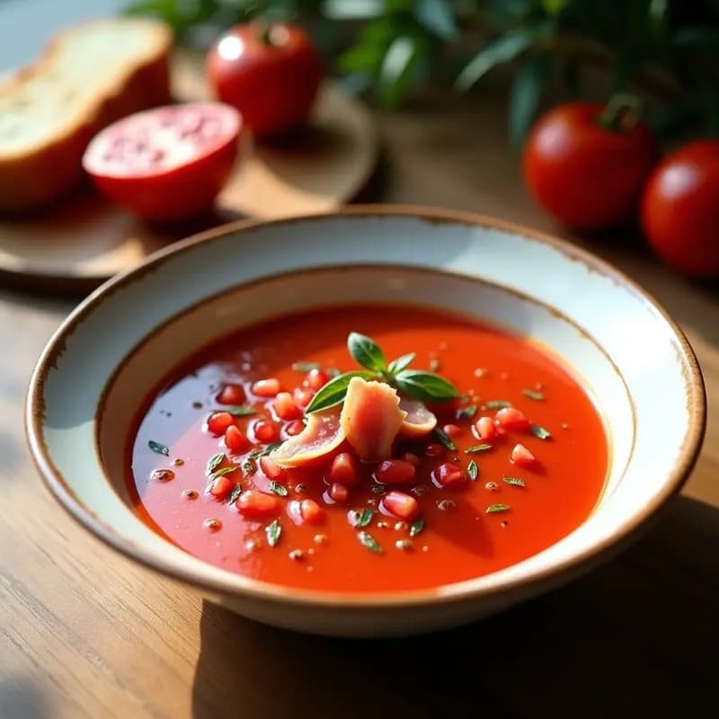 Gazpacho Andaluz con Crujiente de Jamón y Granada: Receta Refrescante en 15 Minutos