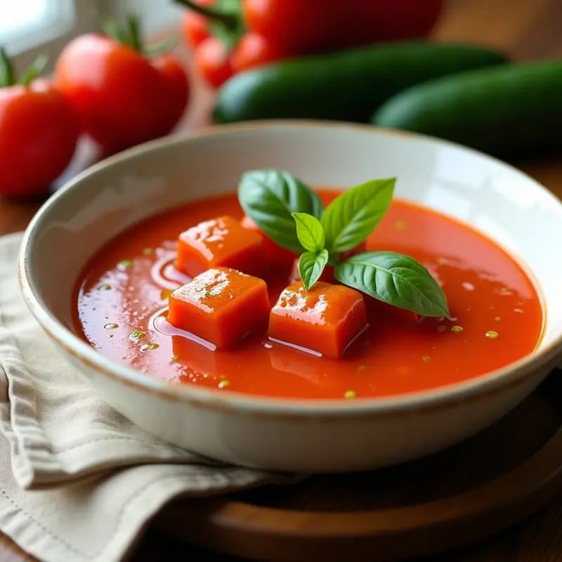 Gazpacho Andaluz con Hielo de Vinagre de Módena: Receta Española Refrescante y Sin Lácteos