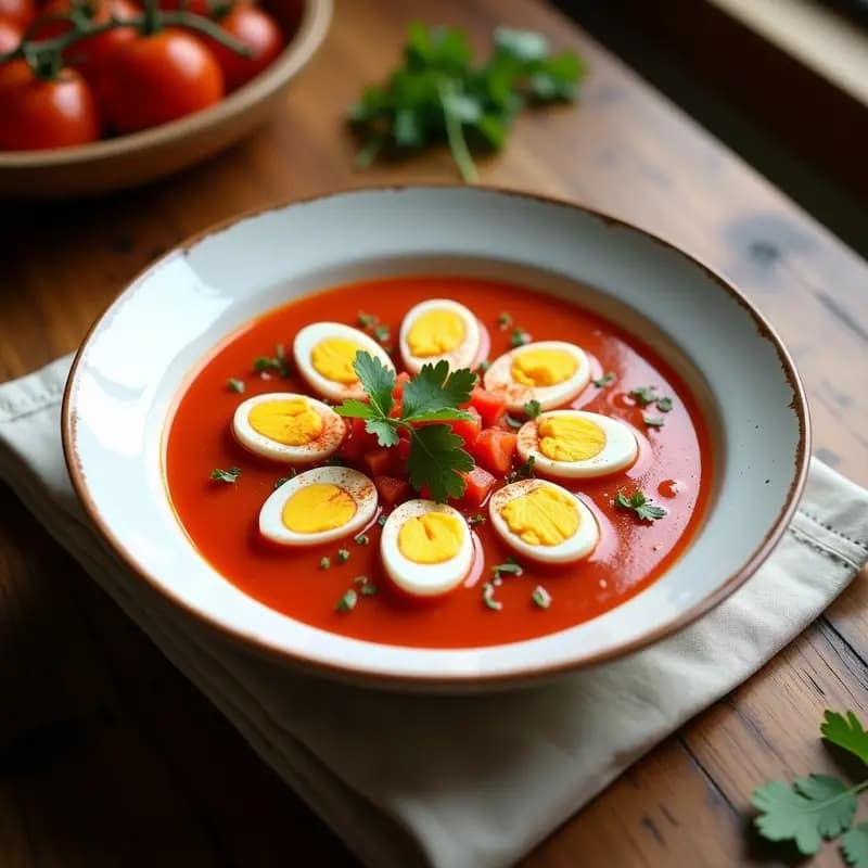 Gazpacho Andaluz con Topping de Huevo de Codorniz: Sopa Española Fría y Proteica