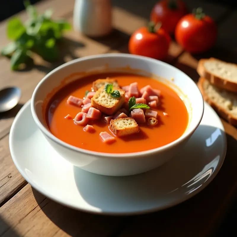 Gazpacho Andaluz con Trozos de Pan y Jamón Serrano: Receta Veraniega sin Lácteos