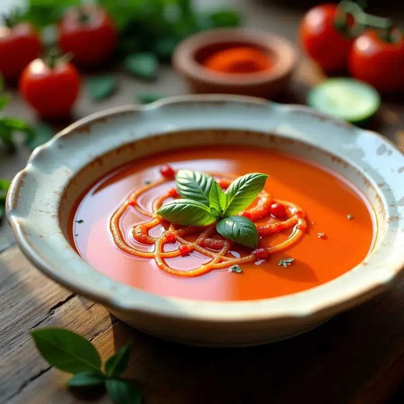 Gazpacho Andaluz con Vinagreta de Pimentón de la Vera: Receta Española Sin Cocción y Baja en Calorías