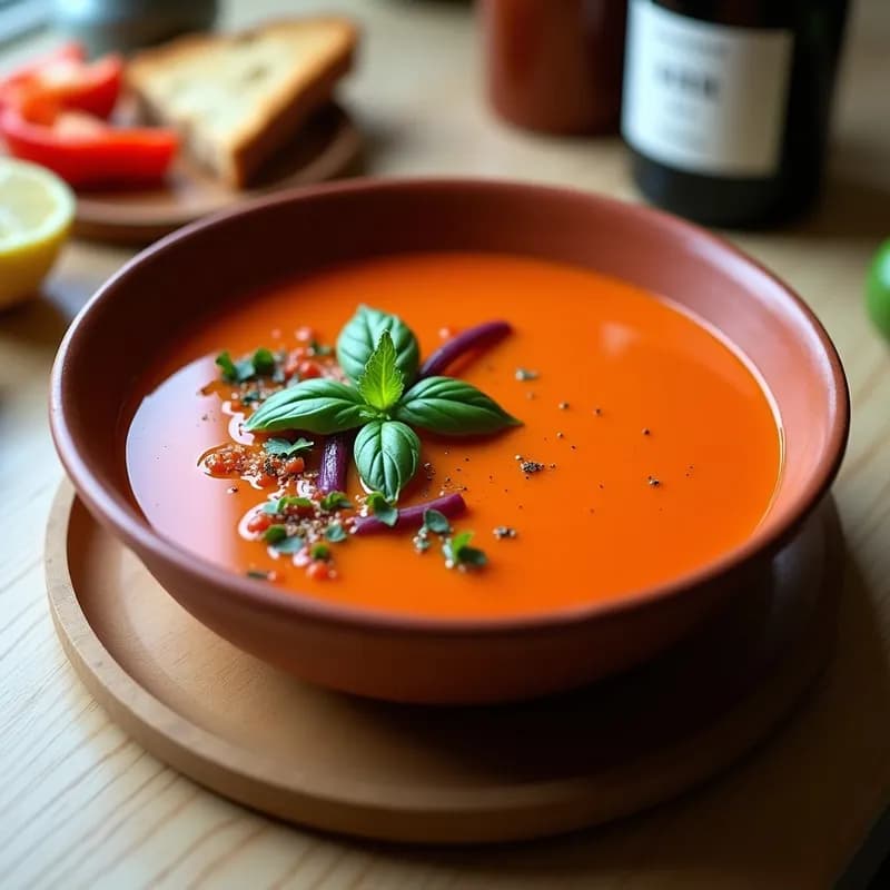 Gazpacho Andaluz con Pimiento Asado y Trufa: Receta Fría Gourmet en 20 Minutos